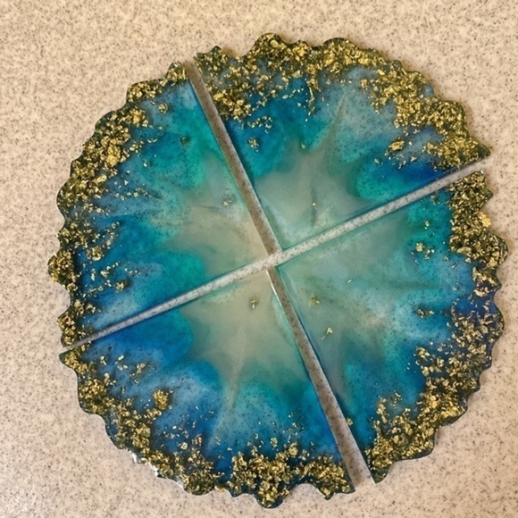 4 Hand crafted resin geode coasters. Blue & green with gold edging. - Picture 1 of 8